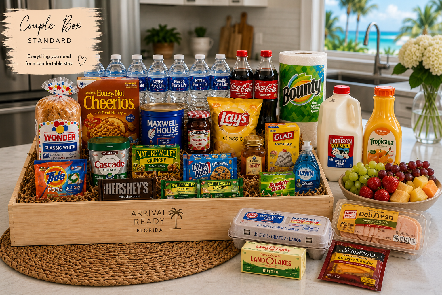 Arrival Ready Florida Couple Box Standard, welcome basket with groceries, breakfast items and essentials for two guests.