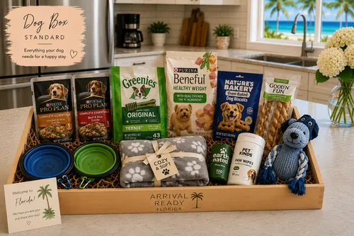 Arrival Ready Florida Dog Box Standard, dog welcome basket with treats, bowls, blanket and pet stay essentials.