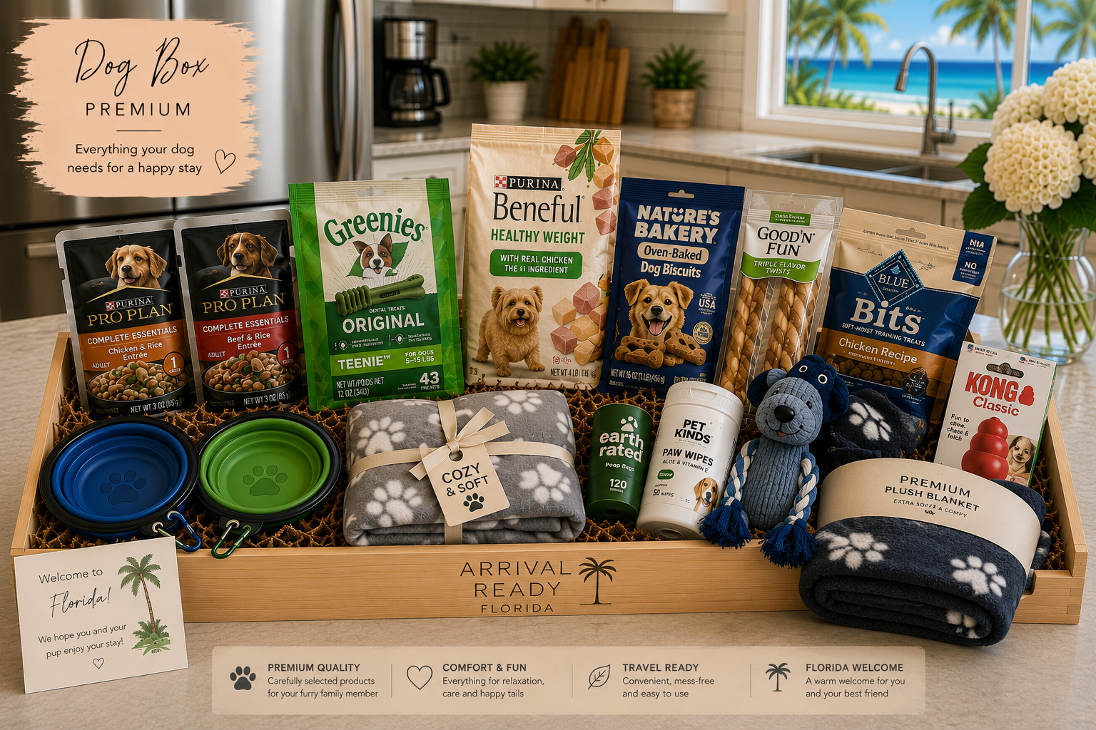 Arrival Ready Florida Dog Box Premium with treats, toys, blanket and welcome card