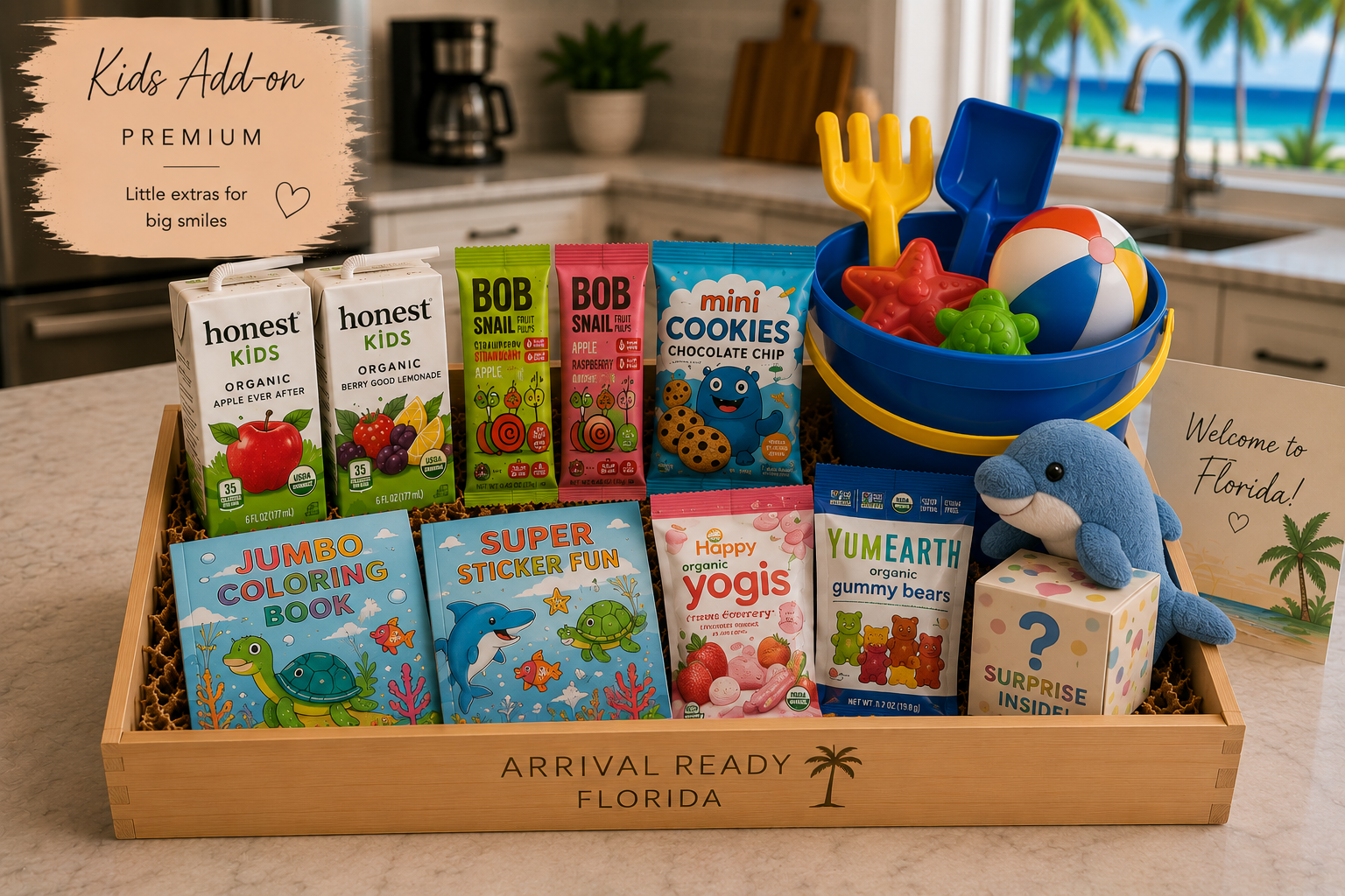 Arrival Ready Florida Kids Add-on Premium with snacks, drinks, coloring book and beach toys