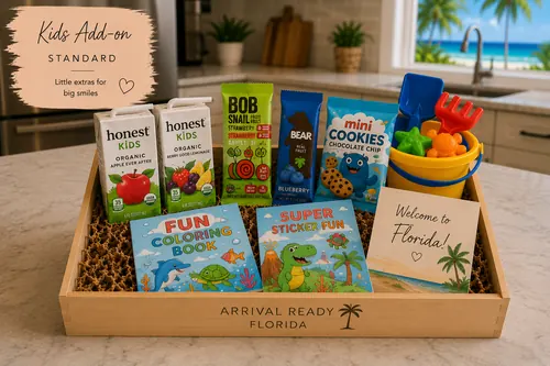 Arrival Ready Florida Kids Box Standard, welcome box with juice, snacks, beach toys and coloring books.