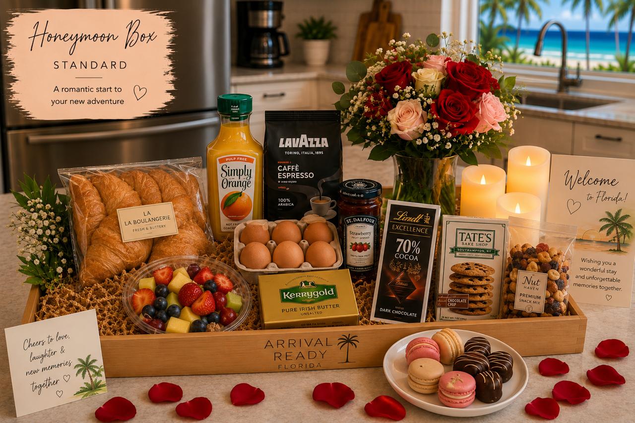 Arrival Ready Florida Honeymoon Box Standard, romantic welcome basket with flowers, breakfast items and chocolates.