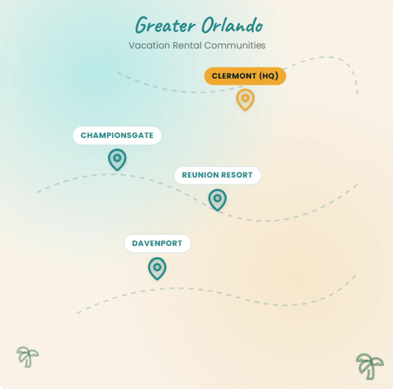 Map of Greater Orlando vacation rental communities: Clermont (HQ), ChampionsGate, Reunion Resort and Davenport