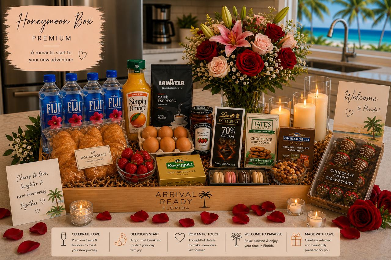 Arrival Ready Florida Honeymoon Box Premium with flowers, chocolates and gourmet treats
