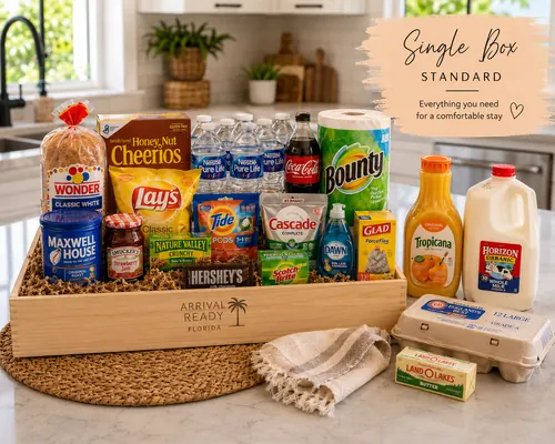 Arrival Ready Florida Single Box Standard, welcome basket with groceries, breakfast items and stay essentials.
