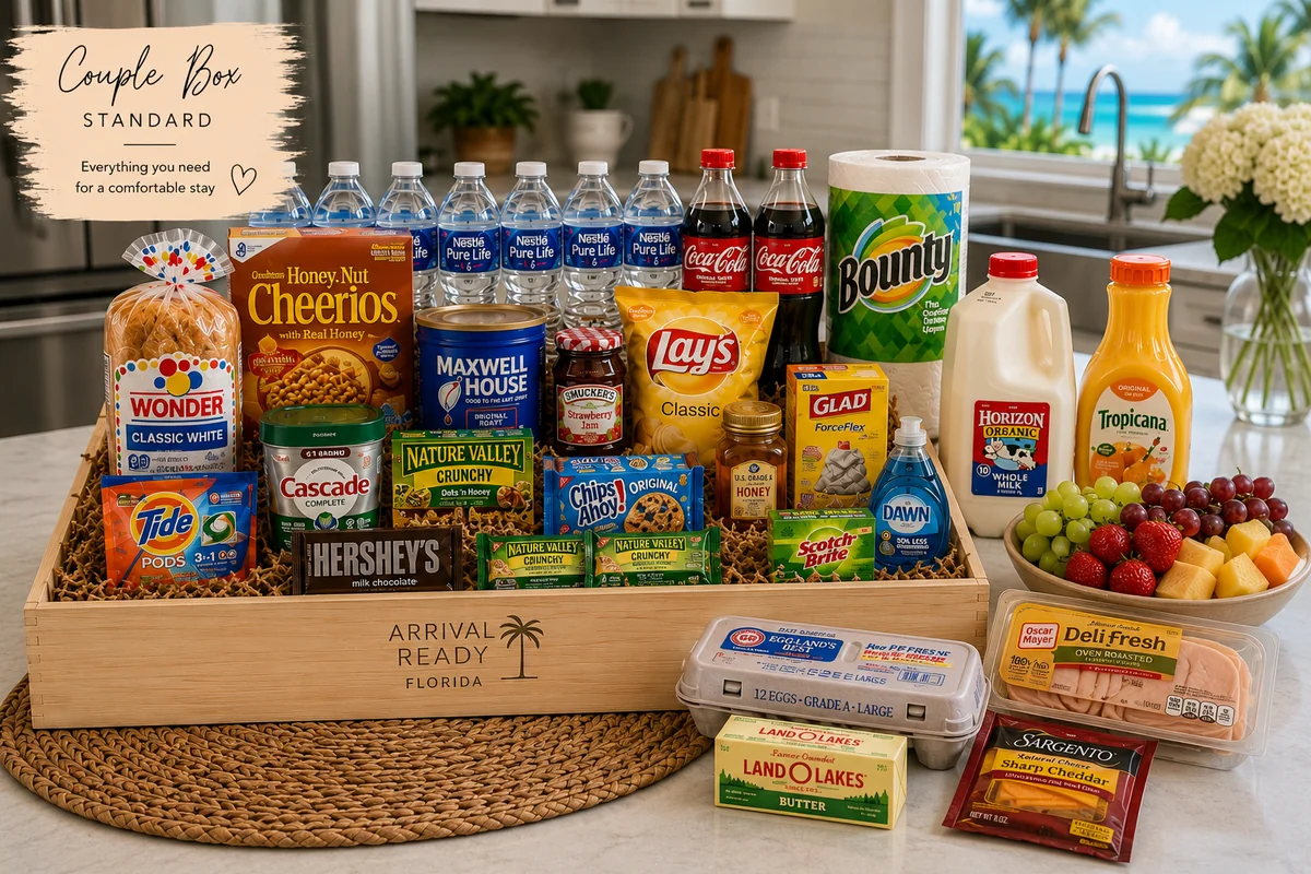 Arrival Ready Florida Couple Box Standard with groceries and essentials in a bright vacation rental kitchen