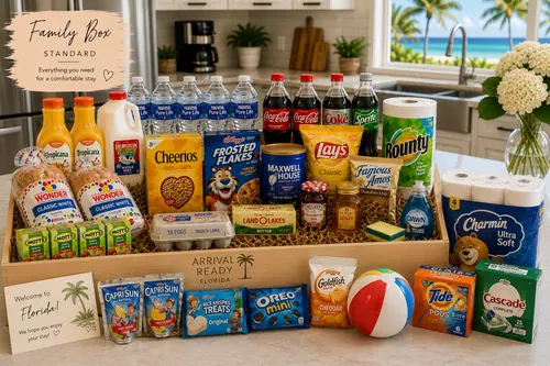 Arrival Ready Florida Family Box Standard, family welcome basket with groceries, breakfast items, snacks and household essentials.